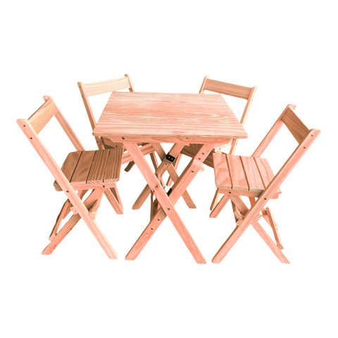 Conjunto Mesa Dobrável para Bar e Lanchonetes 60x60cm com 4 Cadeiras em Madeira Maciça - Cru
