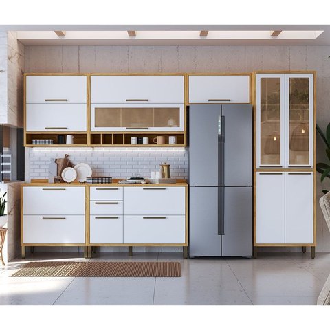 Cozinha Completa Modulada 100% MDF 6 Peças 12 Portas 4 Gavetas e Vidro 354cm Vicenza Espresso Móveis Branco/Amêndoa/Brilho