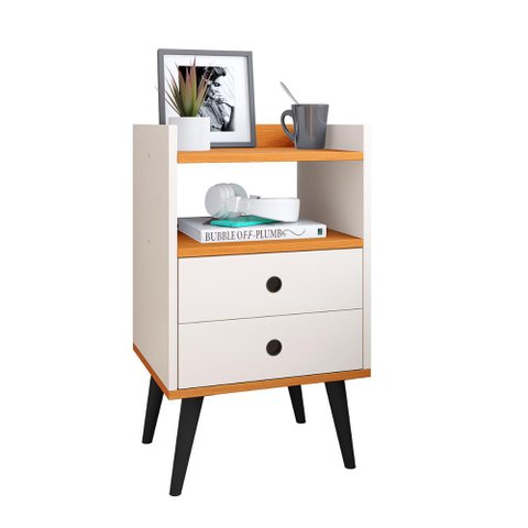 Mesa de Cabeceira Retrô Mesinha Pequena Gaveta Nicho Decoração Canto Quarto -off White/cinamomo- Rpm