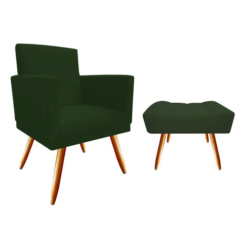 Kit Poltrona Decorativa Bia + Puff Retangular Suede Verde Pés Madeira Mz Decor
