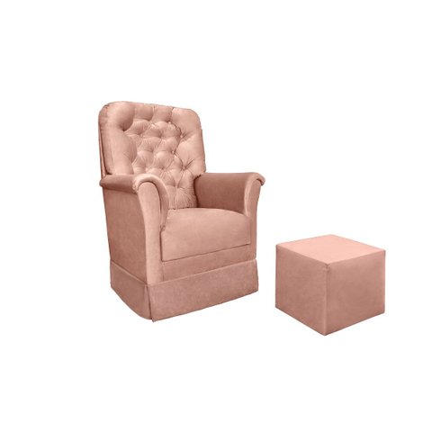 Poltrona Balanço de Amamentação com Puff Reto Maternidade Agatha Veludo Rosê - Phoenix Baby