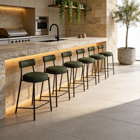 Banqueta Cozinha Alta com Encosto Industrial Preto Kit 6 Londres PU Verde D03 - D’Rossi