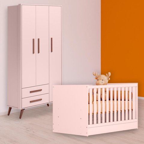 Conjunto Berço Mini Cama e Guarda Roupa Retrô 3 Portas 2 Gavetas Rosa