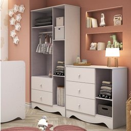 Quarto de Bebê com Cômoda 3 Gavetas e Guarda Roupa 3 Portas Pirueta - 2