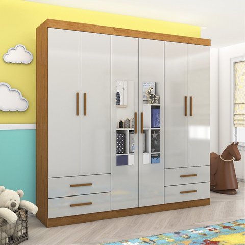 Guarda-Roupa 6 Portas 4 Gavetas com Espelho Infantil Perola Off White/Cinamomo