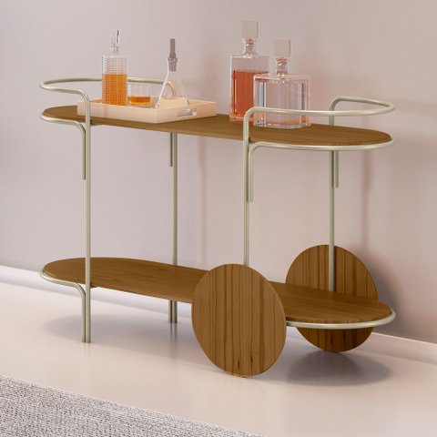 Carrinho Bar Órbita em Madeira Maciça Castanho Estrutura em Metal Champagne