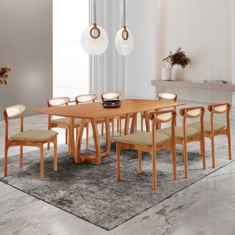 Conjunto de Mesa Jantar Ello Tampo 240cm Barril Laminado e 8 Cadeiras Mônaco Premium Natural Âmbar/Imbuia Natural/Cinamomo Marrom