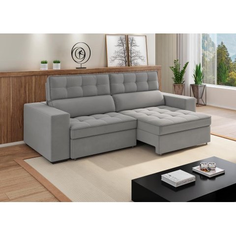 Sofá Retrátil Reclinável 2 Lug com Molas Ensacadas 2,18m Lara Veludo Cinza Larbelle