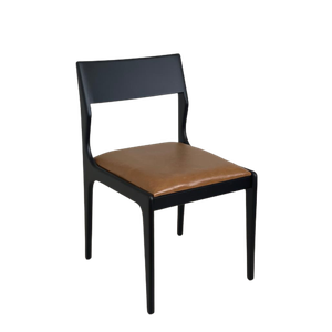 CADEIRA EM MADEIRA COM ASSENTO ESTOFADO CARAMELO. COR PRETO