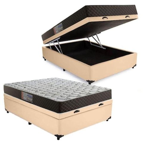 Cama Box com Baú Casal Colchão Molas Bonnel Tecido Sintético Bege