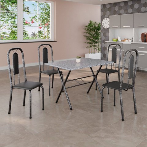 Conjunto de Mesa Tubular 062 100x60cm Tampo em Granito Ocre com 4 Cadeiras Lívia Prata/Preto/Martelado
