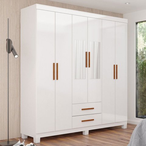 Guarda-roupa Solteiro Aurora 6 Portas 2 Gavetas com Espelho 22117 Branco - Carioca Móveis