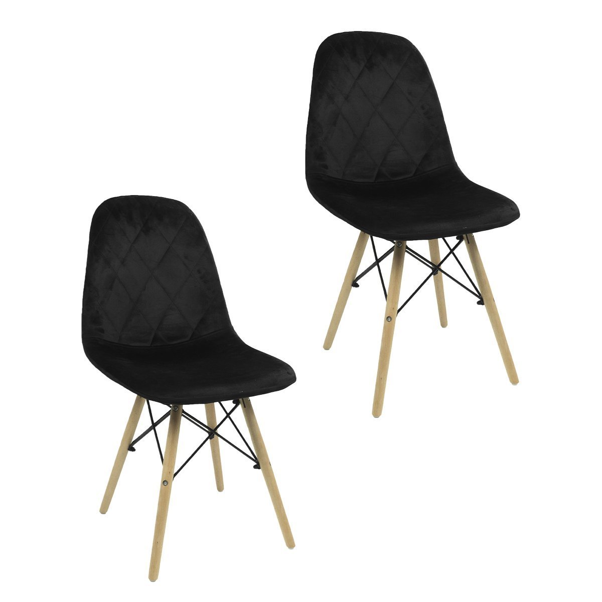 Kit 02 Cadeiras Charles Eames Wood Eiffel Veludo Estofado Preto