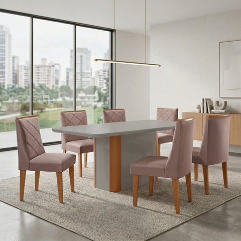 Conjunto Sala de Jantar Mesa Tampo MDF/Vidro 6 Cadeiras Ester Off White/Capuccino/Marromle