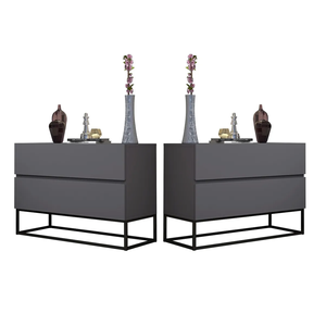 Conjunto Duas Mesas de Cabeceira Eros 60cm Pés Preto 2 Gavetas Fosco Quarto:cinza