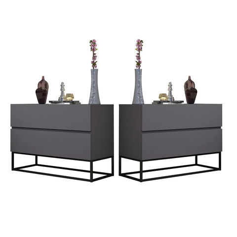 Conjunto Duas Mesas de Cabeceira Eros 60cm Pés Preto 2 Gavetas Fosco Quarto:cinza