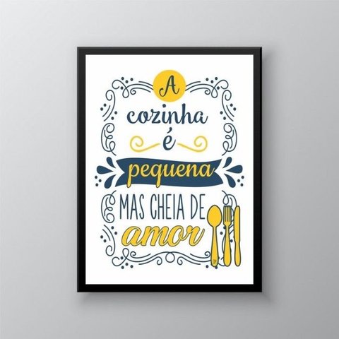 Quadro Cozinha Pequena Amarelo e azul 33x24cm - com Vidro:madeira Branca