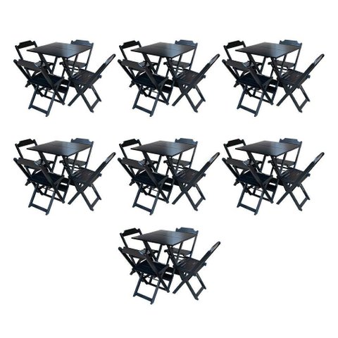 Kit 7 Jogos De Mesa Dobravel Com 4 Cadeiras De Madeira 70X70 Para Restaurante E Bar - Preto