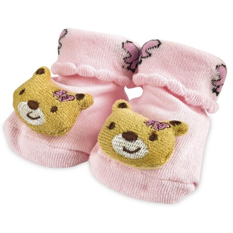 Meia Pantufa Menina Infantil 6m a 12m Divertida Antiderrapante Ursinho 3D Adoleta Bebê Rosa