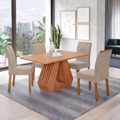 Sala de Jantar 4 Lugares 130 cm Harper Cadeiras Madeira Maciça Cinamomo/Linho Bege - Panorama Móveis