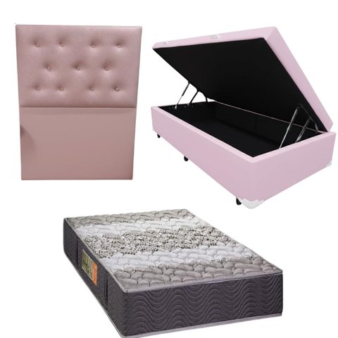 Cama Box Baú Blindada com Colchão de Espuma Orthopedic + Cabeceira Botonê - Solteiro - Corino Rosa