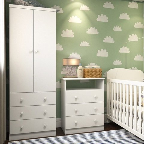 Quarto Infantil com Guarda Roupas 2 Portas 3 Gavetas e Cômoda 3 Gavetas Teka Espresso Móveis Branco/Brilho