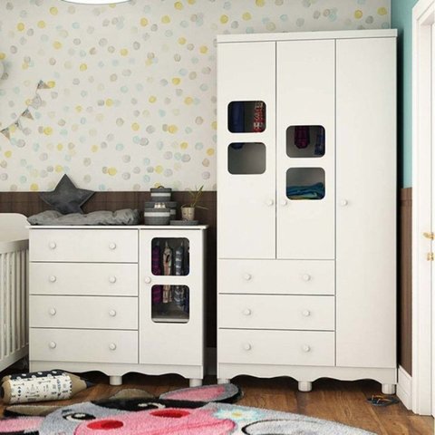 Quarto de Bebê com Guarda Roupa e Cômoda 4 Gavetas com Janela Uli Branco