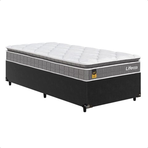 Cama Box Base Solteiro + Colchão Life D33 Pillow Top 88x188cm - Cinza/Preto - e-Shop Casa