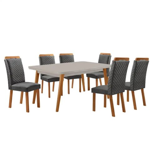 Mesa de Jantar Copper 180cm Madeira Tampo Vidro Canto Copo com 6 Cadeiras Lorena Moderna Mobília
