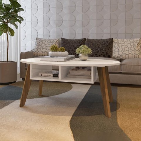 Mesa de Centro Tampo Oval 2 Nichos 100 Cm Off White
