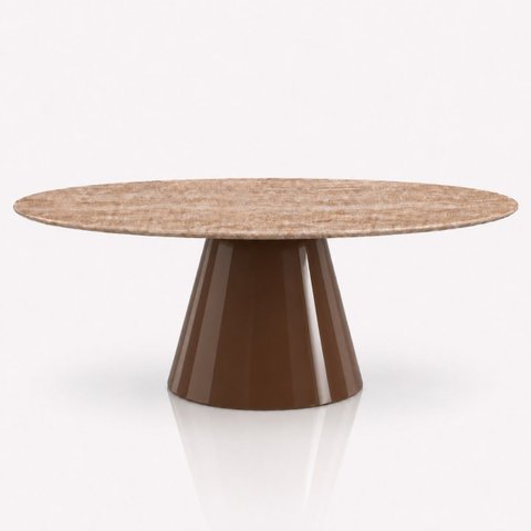 Mesa de Jantar Cone Oval 137x90 cm Tampo Mármore Travertino Base Laca Marrom Cacau