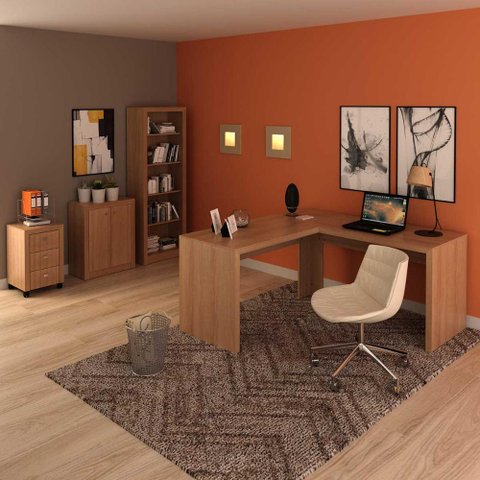 Kit para Escritório com Mesa em L Gaveteiro Estante e Balcão Cor:amêndoa