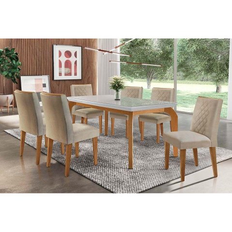Conjunto: Mesa Sala Jantar Londrina Tampo Madeirado C/ Vidro 180x90cm e 6 Cadeiras Jade Imbuia/linho