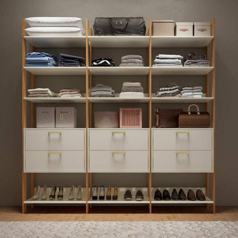 Guarda Roupa Closet 217,5cm com Prateleiras Dalla Costa Mdf Cor:off White com Freijó e Gold