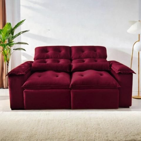 Sofá Retrátil e Reclinável 1,5m em Tecido Veludão Cinza C/pillow Nos Braços - Montagem Inclusa:vinho