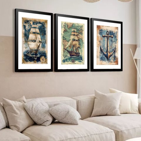 Kit 3 Quadros Grandes Naval 60x48cm:moldura Preta