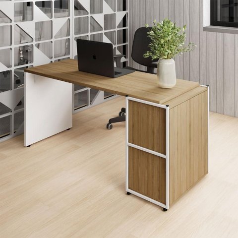 Mesa Escrivaninha 150cm X 60cm e Armário 2 Portas F5 Office Cor:macadâmia com Branco