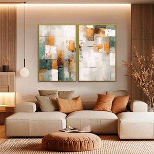 Quadro Decorativo Abstrato Dourado com Verde Kit 2 Quadros