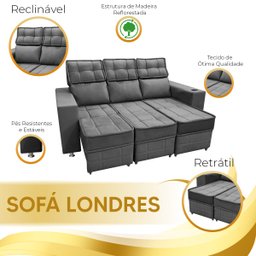 Sofá Retrátil e Reclinável 3 lugares Londres 1.90cm C/Molas - Veludo Star Confort - 8