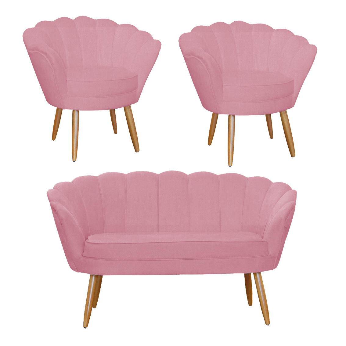 Kit Pétala Namoradeira e 2 Poltronas Decorativa Pés Palito Suede Rosa Barbie - DL Decor