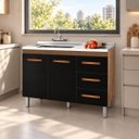 Ver imagem 1 de Balcão Pia Cozinha Gabinete 120cm 2 Portas 3 Gavetas Preto