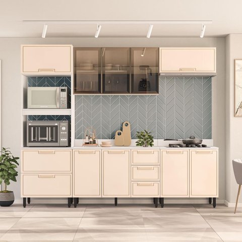 Cozinha Amara Armários Aéreos Porta Vidro Torre Quente Balcões com Tampo Branco/Creme 250783