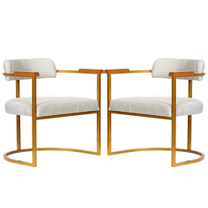 Kit 02 Poltronas Ohio Braço Madeira Linho Bege Estrutura Dourado