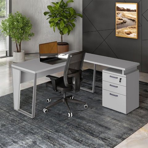 Mesa Escritório 1,50m Gaveteiro 3 Gavetas e Chave F5 Office Cor:cinza