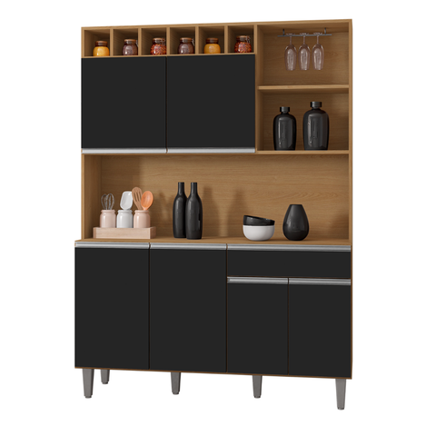 Cozinha Compacta 6 Portas 1 Gaveta 130cm Alice Ajl Móveis:amêndoa Preto