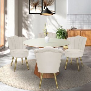Kit 4 Cadeiras de Jantar Pétala com Pés em Aço Dourado Veludo Bege Bz Home Decor