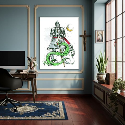 Quadro Decorativo São Jorge o Santo Mártir - 70x50cm:moldura Branca