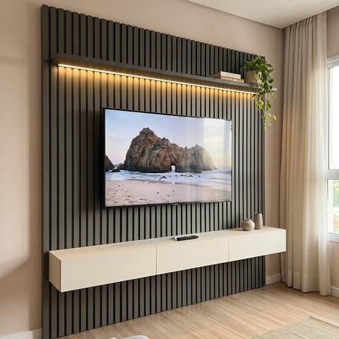 Rack com Painel para TV até 90 Polegadas 100% MDF com LED, 3 Gavetas e Ripado 228,8x250x35,5cm