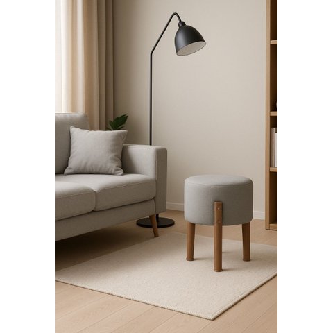 Puff Banquinho Redondo Decorativo Thor em Linho Pés Polietileno Cor Cinza - Pc Móveis