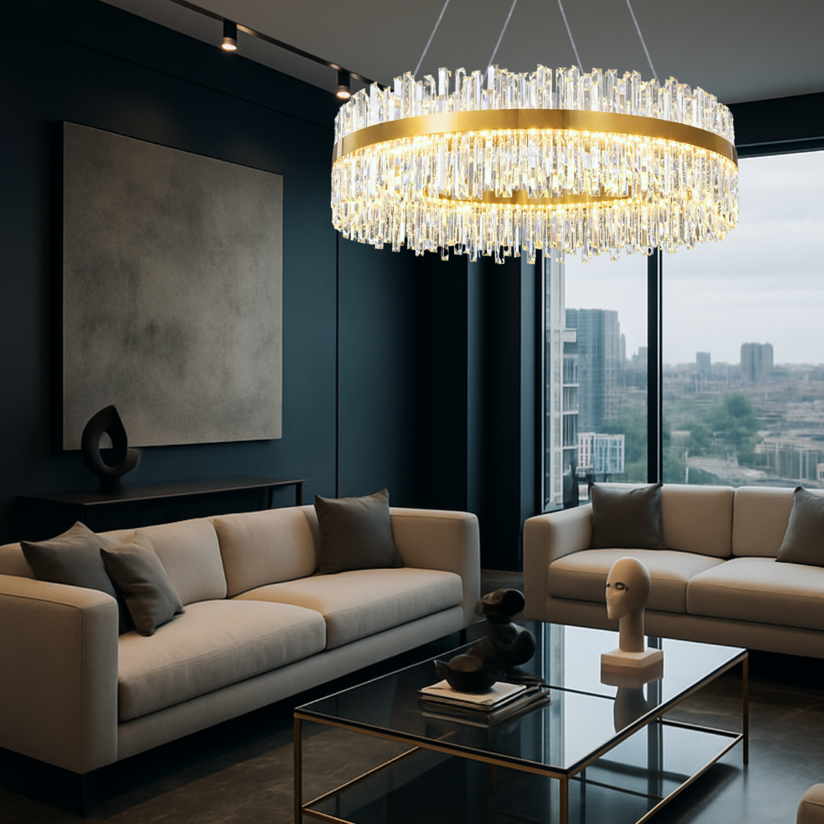 Ver imagem 5 de Lustre Pendente 100cm 224 Cristais Led 3 Cores 120w Redondo Luminária Teto Gimpo Kjdd-l-392-100cm